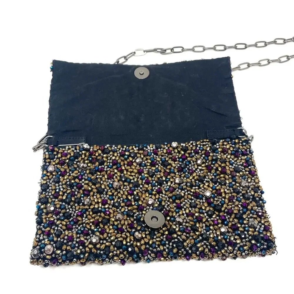 Free People Multicolor Black Beaded Evening Clutch Purse w/ Gunmetal Chain Strap